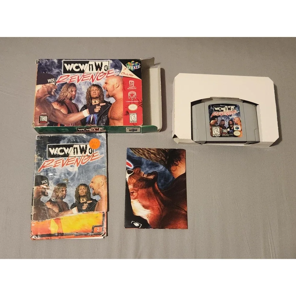 1998 THQ Nintendo 64 WCW NWO Revenge Video Game Complete Box Poster Inserts READ